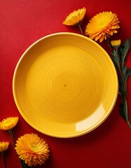 fleurs jaunes dans une assiette jaune sur une table rouge en ia romantique et vibrant