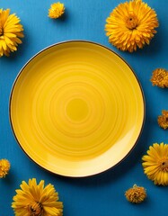 fleurs jaunes dans une assiette jaune sur une table bleu en ia romantique et vibrant