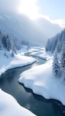 Serene Winter River Landscape Snow Covered Mountains