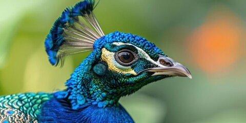Obraz premium Close up portrait of a beautiful blue peacock with colorful feathers blur background