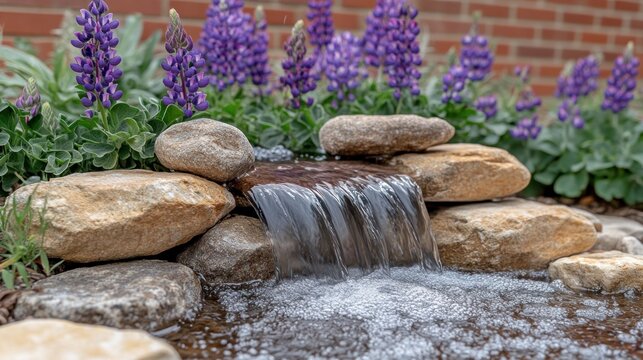 Garden waterfall rocks lupines backyard serenity