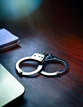 paire de menottes en m&eacute;tal de police ou gendarmerie sur un bureau en ia