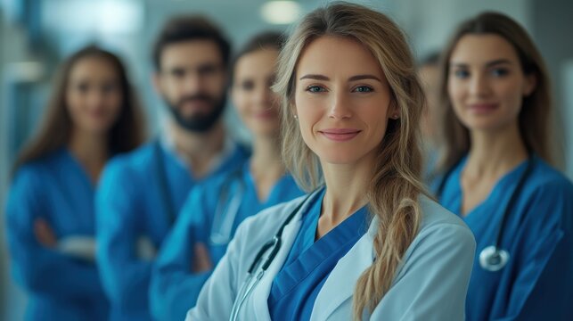 Group of healthcare professionals in blue scrubs standing together in a hospital setting with a confident female doctor in front