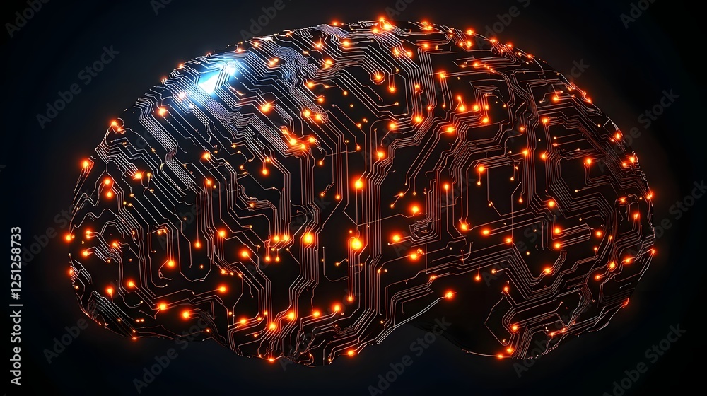 Poster close up view of an intelligence brain glowing with complex interconnected circuit patterns