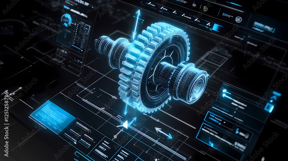 Poster futuristic gear rotating, immersive engineering interface displaying technical data