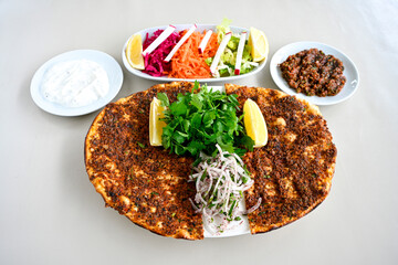 Turkish foods ; Turkish pizza -Lahmacun. Urfa  bol acili lahmacun. Kasarli lahmacun.