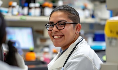 Fototapeta premium Young scientist smiles while working in a laboratory filled with bottles and equipment during the day