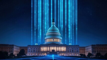 Obraz premium Government support. A digital rendition of the Capitol Building with blue data streams in a night sky.