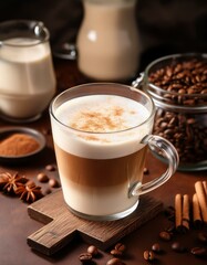 café crème avec de la mousse, cappuccino dans une tasse en verre sur une table aux éléments gourmands en ia