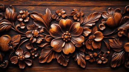 Intricate wooden floral carving showcasing skillful craftsmanship and natural beauty in a warm, rustic setting