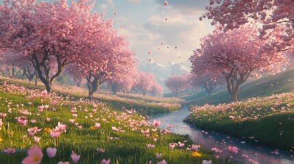 Obraz premium Spring cherry blossom valley stream, petals falling, mountain background, idyllic scene