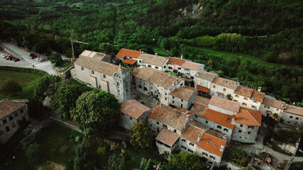 Fototapeta premium Aerial view of Hum, one of the smallest town in the world on hilltop, Croatia.