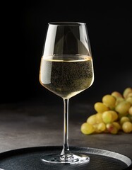 verre de vin blanc, verre &agrave; peid sur une assiette noire en ia