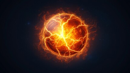 A vibrant, fiery sphere surrounded by electric energy, depicting a powerful explosion or cosmic event against a dark background.