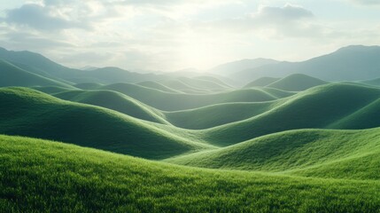 Obraz premium Sunlit rolling green hills, mountain backdrop, peaceful landscape, nature background
