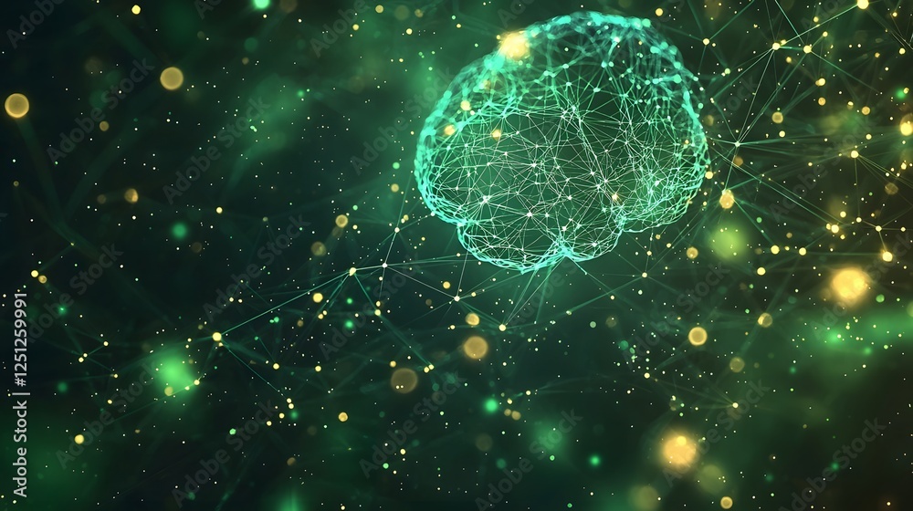 Poster futuristic rendering of an brain with an interconnected neural network displaying glowing digital en