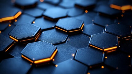 A close-up of interconnected hexagonal shapes with a sleek black surface and glowing orange accents, creating a modern, digital aesthetic.