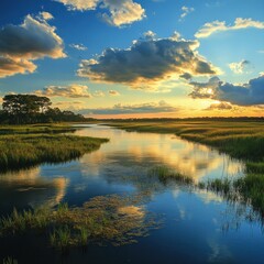 Fototapeta premium Sunset marsh river reflection peaceful nature landscape