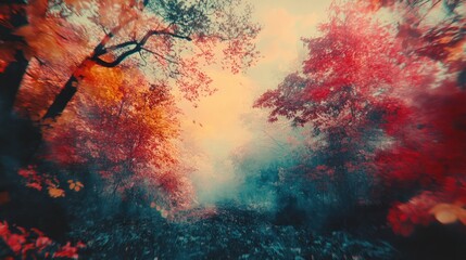 Autumnal forest path, misty sunrise, vibrant foliage, fall mood, nature background