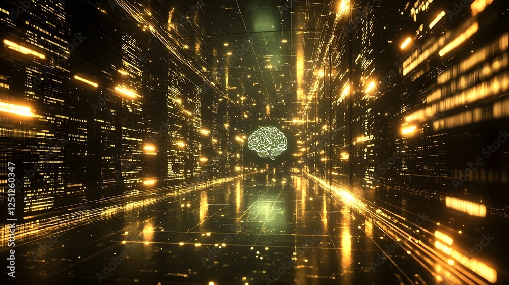 Poster futuristic digital brain or intelligence system floating in a virtual environment surrounded by stre