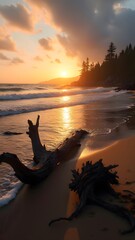 Sunset Beach Landscape with Driftwood and Ocean Waves