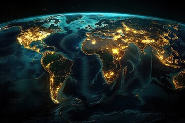 Obraz premium Earth at night, global city lights, space view, connection, world map