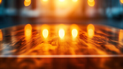 beautifully polished wooden table reflecting warm light from hanging bulbs, creating cozy atmosphere. soft glow enhances rich texture of wood, inviting relaxation