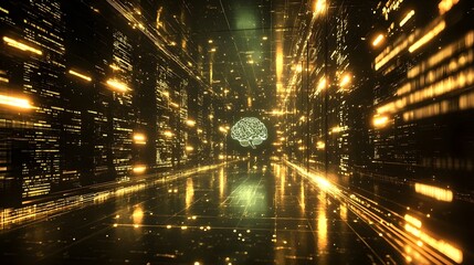 Futuristic digital brain or intelligence system floating in a virtual environment surrounded by streams of data digital information and glowing geometric structures  Concept of advanced technology