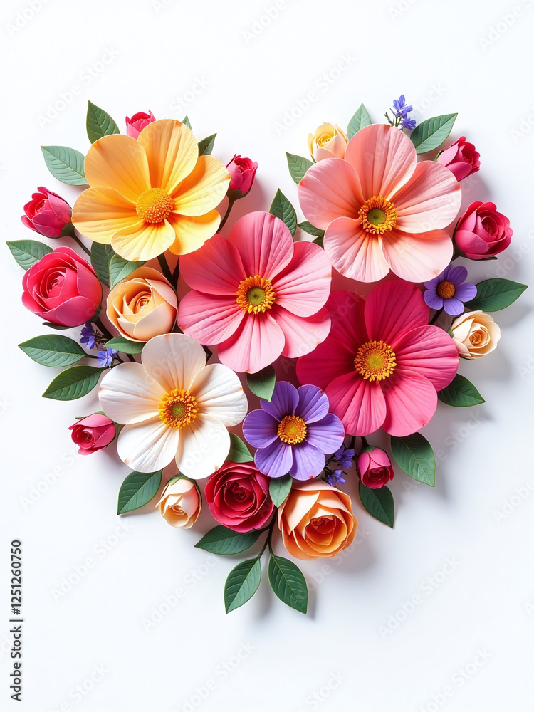 Poster Colorful Soft Flowers In The Shape Of A Heart On A White Background Created Using E Art Techniques Represent Love Symbol. 00001