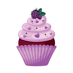 Isolated  cupcake with blackberry on white background. Muffin in violet colours with berries. Element for celebration, holiday, social media, banners, advertising, bakery. Vector illustration