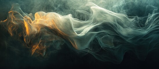 Abstract smoke swirls, dark background, gold & grey hues, design element