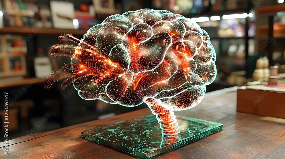 Poster holographic 3d rendering of an brain with pulsating lights and digital data streams futuristic techn