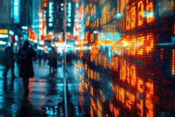 Fototapeta premium Night city stock ticker, bustling street, financial data, urban background, business concept