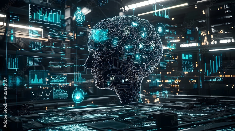 Poster futuristic digital brain surrounded by holographic data visualization representing intelligence mach