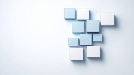 A minimalist arrangement of light blue and white cubes on a plain background, creating a modern and clean aesthetic.