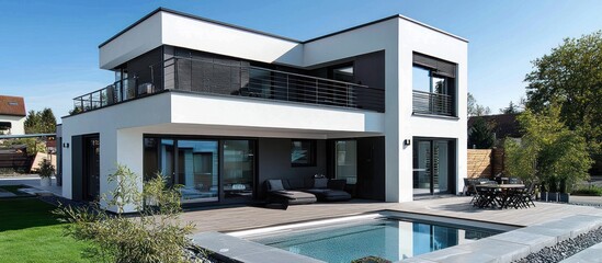 Fototapeta premium Modern suburban house, pool, patio, sunny day