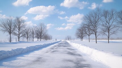 Obraz premium Snowy road winter landscape, trees, travel, serene background, postcard