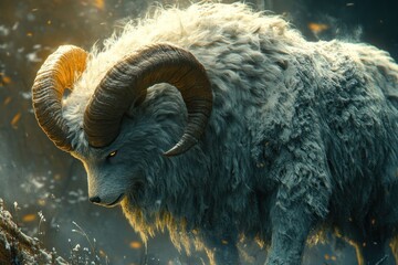 Majestic ram, forest, fantasy, glowing, digital art, game asset