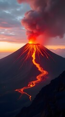 Volcano Eruption at Sunset Dramatic Lava Flow Landscape