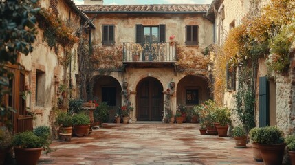 Fototapeta premium Tuscan Courtyard Autumnal Villa, Italy, Plants, Peaceful