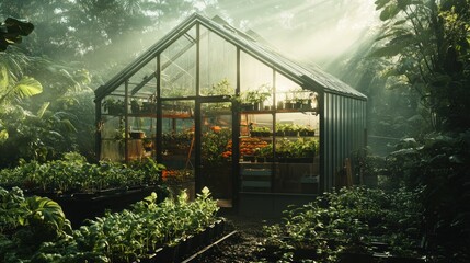 Sunlit greenhouse amidst lush jungle, plants growing, botanical garden, horticulture