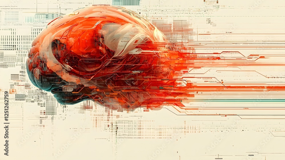 Poster futuristic digital image showcasing a conceptual brain with layered organic and technological textur
