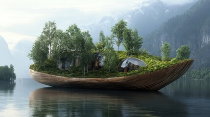 Fototapeta premium Eco-friendly floating home, mountain lake, serene landscape, sustainable architecture, advertising