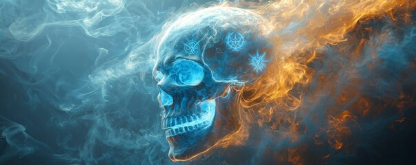 A glowing skull emerges from swirling blue and orange smoke, creating a striking contrast that evokes a sense of mystery and intrigue.