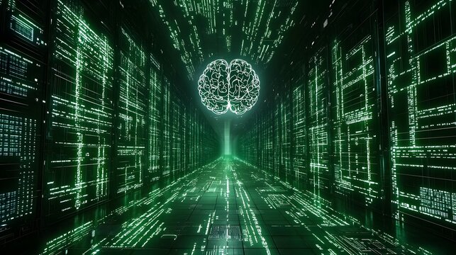 Digital Representation of an Brain in a Matrix like Background  Futuristic depicting the complex information processing and interconnected nature of intelligence systems