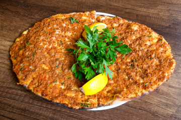 Turkish foods ; Turkish pizza -Lahmacun. Urfa  bol acili lahmacun. Kasarli lahmacun.