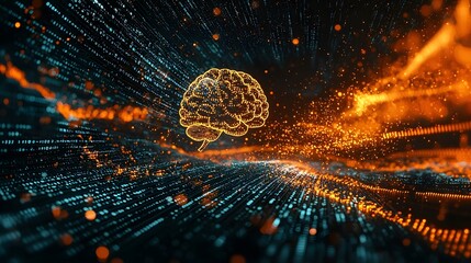Glowing digital brain represented by dynamic light trails and binary code symbolizing the power of intelligence information processing and technological innovation  The image conveys a futuristic