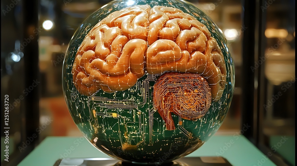 Poster intelligence brain embedded in a virtual network sphere this digital concept image depicts a surreal