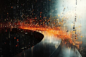 Futuristic city path, digital transition, glowing, dark background, technology concept