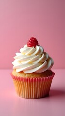 Delicious Raspberry Cupcake with Swirled Frosting on Pink Background